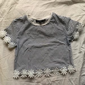 Topshop Petite Striped T-Shirt with Flower Detail